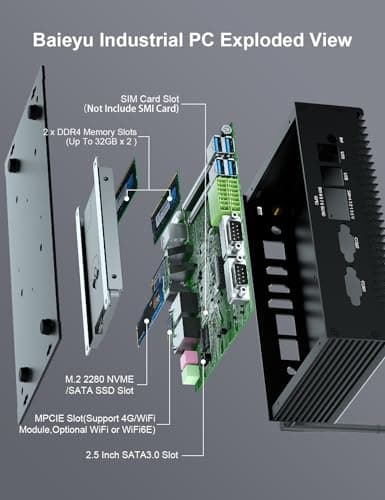 Baieyu Industrial PC with Core i3-10110U (Up to 4.10GHz), 8GB DDR4 RAM 256GB M.2 SSD, Fanless Industrial PC, 2×RS232 COM, Support RS422/RS485, 1×GPIO, 2×HD, 1×DP, 2×RJ45 LAN, 6×USB Port, Win 11 Pro