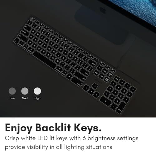 Macally Backlit Mac Keyboard - Quiet, Sleek, and Functional - 3 Brightness Levels, 107 Keys, 5ft USB Wired - Apple Keyboard - Backlit Wired for Mac, iMac, MacBook Pro/Air - Space Gray