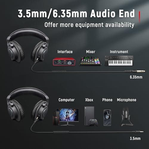 FIFINE Studio Monitor Headphones for Recording-Over Ear Wired Headphones for Podcast Monitoring, Streaming Comfortable Equipment with Detachable Cables 3.5mm or 6.35mm Jack, Black, on PC/Mixer-H8