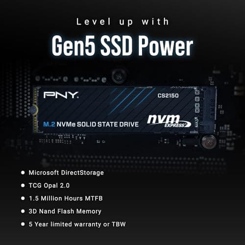 PNY CS2150 1TB Gen5 PCIe NVMe M.2 2280 3D NAND SSD – Up to 10,200/8,300 MBs - PC/Laptop Upgrade, Gaming, Photography, Video Editing, Direct Storage Enabled-Internal Solid-State Drive M280CS2150-1TB-TB