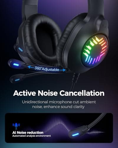 Stereo Gaming Headset, Wired Gaming Headphones Over Ear, Noise Cancelling Mic, 9 Colors Gradient RGB Ligh, Soft Memory Earmuffs for PC, Xbox One/Series PS5 PS4 Controllers, Nintendo (Black)