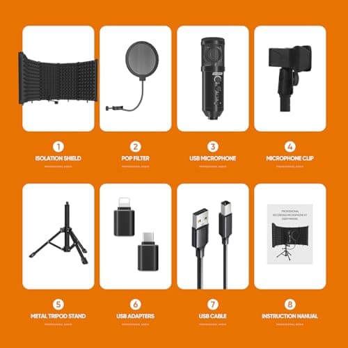 Studio Recording Microphone Isolation Shield with Pop Filter and Metal Tripod Stand, Studio Mic to PC Laptop Smartphone, Music Microphone for Recording Singing Podcasting