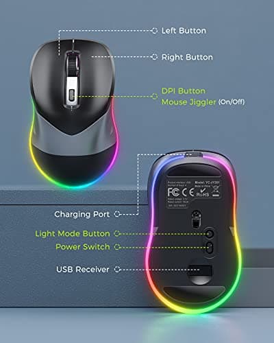 PEIOUS Wireless Mouse, Jiggler Mouse for Laptop - LED Mouse Rechargeable Computer Mice Mouse Mover Undetectable Random Movement with On/Off Button Keeps Computer Awake - Black&Grey