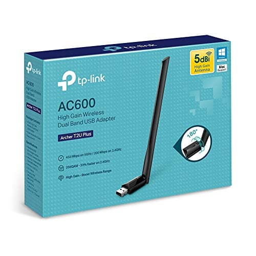 TP-Link AC600 USB WiFi Adapter for PC (Archer T2U Plus)- Wireless Network Adapter for Desktop with 2.4GHz, 5GHz High Gain Dual Band 5dBi Antenna, Supports Win11/10/8.1/8/7/XP, Mac OS 10.9-10.14, Black