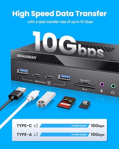 GRAUGEAR 5.25 Inch 10Gbps USB 3.2 PC Front Panel Card Reader with Audio Ports, SD/microSD Internal Card Reader, USB3.2 Type-E Key-A 20-Pin Header & USB3.0 Header & 15-Pin SATA Power Connector Required