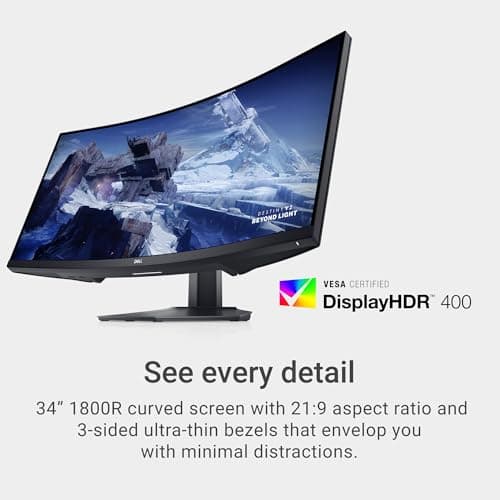 Dell S3422DWG Curved Gaming Monitor - 34 Inch 1800R Curved Screen with 144Hz Refresh Rate, WQHD (3440 x 1440) Display, HDMI, DP to DP 1.4 Cable, AMD FreeSync - Black
