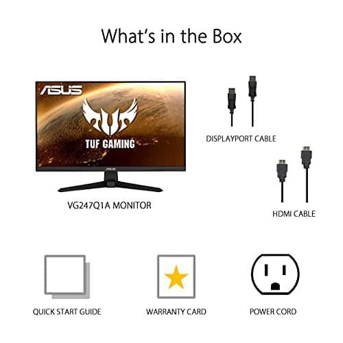 ASUS TUF Gaming 24” 1080P Monitor (VG247Q1A) - Full HD, 165Hz (Supports 144Hz), 1ms, Extreme Low Motion Blur, Adaptive-sync, FreeSync Premium, Shadow Boost, Speakers, Eye Care, HDMI, DisplayPort