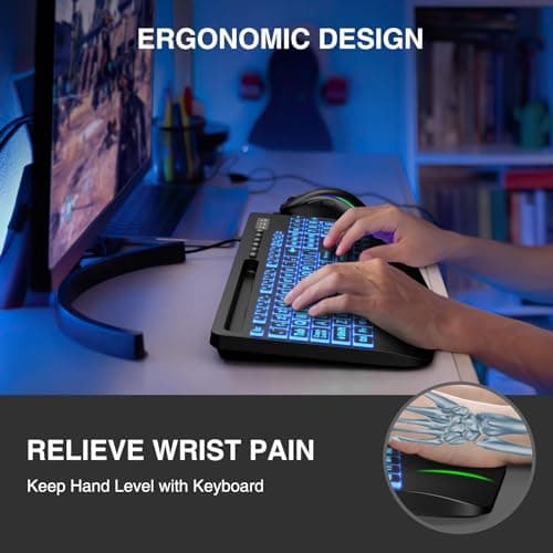 SABLUTE Large Print Backlit Keyboard, Wired USB Computer Keyboards with 7-Colors Backlight, Wrist Rest, Phone Holder, Oversized Letter Keys Easy to See and Type for Laptop, PC, Windows, Black