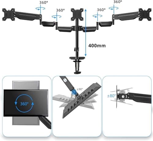 suptek Triple Monitor Mount for Most 17 to 32 inch Screens,Gas Springs Adjustment Triple Monitor Desk Mount Stand with Clamp & Grommet Kit,Black(MD8003)