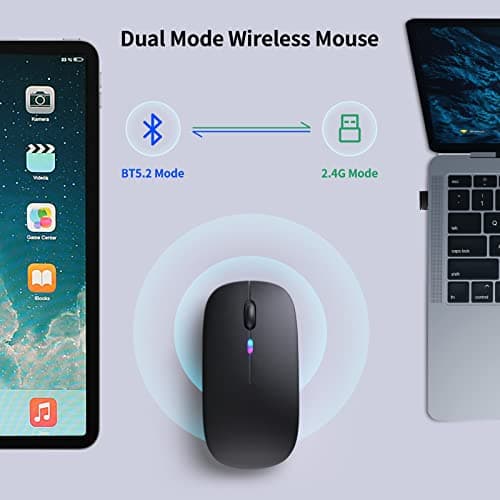 Wireless Bluetooth Mouse – Rechargeable, Silent, Dual Mode (Bluetooth 5.2 & USB) with LED Lights – Portable for Laptop, Desktop, & Tablet(Black)