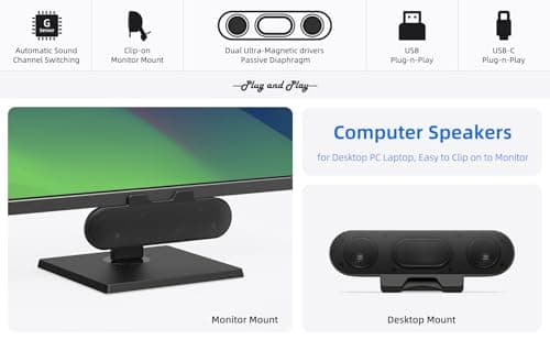 Computer Speakers for Desktop PC Monitor, External Speakers for Laptop, USB-Powered, Plug-n-Play, Wired, Clip-On, Small Computer Soundbar for PC, with Loud Sound, Rich Bass, G-Sensor, USB-C Adapter