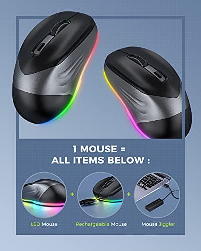 PEIOUS Wireless Mouse, Jiggler Mouse for Laptop - LED Mouse Rechargeable Computer Mice Mouse Mover Undetectable Random Movement with On/Off Button Keeps Computer Awake - Black&Grey