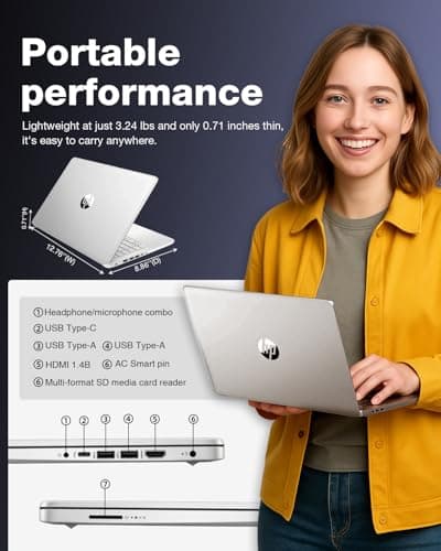 HP Ultra-Portable Laptop for Student and Business - 14" HD Display • Intel 4-Core N150 • Windows 11 Pro • Microsoft Office Lifetime & External DVD Drive • 16GB RAM • 128GB UFS + 256GB Micro SD
