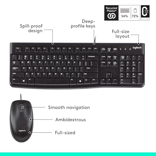 Logitech MK120 Wired Keyboard and Mouse Combo for Windows, Optical Wired Mouse, Full-Size, USB, Compatible with PC, Laptop - Black