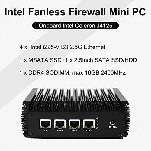4X 2.5GbE Intel I225-V Ethernet Firewall Appliance Mini PC, Intel Celeron J4125 AES-NI VPN Router PC HDMI VGA 4GB RAM 64GB MSATA SSD