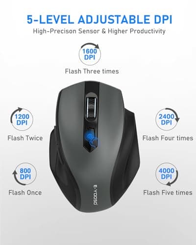 E-YOOSO Wireless Mouse, 2.4G USB Computer Mouse with 5 Levels 4000 DPI, 18 Months Battery Life, Ergonomic Grips, 6 Buttons Large Optical Mouse for Laptop, Mac, PC, Chromebook, Notebook (Gray)