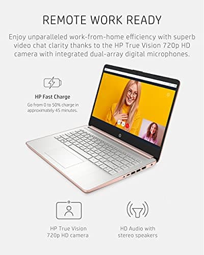 HP 14 Laptop, Intel Celeron N4020, 4 GB RAM, 64 GB Storage, 14-inch Micro-edge HD Display, Windows 11 Home, Thin & Portable, 4K Graphics, One Year of Microsoft 365 (14-dq0030nr, Pale Rose Gold)