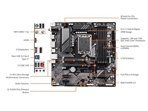 GIGABYTE B760M DS3H AX (LGA 1700/ Intel/ B760/ M-ATX/ DDR5/ 2* M.2/ PCIe 4.0/ USB 3.2 Gen 2 Type-C/WiFi 6E/ 2.5GbE LAN/Q-Flash Plus/PCIe EZ-Latch/Motherboard)