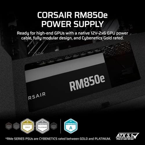 CORSAIR RM850e (2025) Fully Modular Low-Noise ATX Power Supply with 12V-2x6 Cable – ATX 3.1 & PCIe 5.1 Compliant, Cybenetics Gold Efficiency, 105°C-Rated Capacitors, Modern Standby Mode – Black