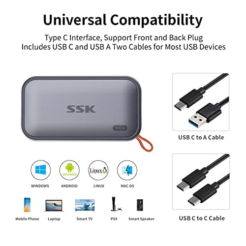 SSK Portable SSD 500GB External Solid State Drives, up to 1050MB/s USB C SSD External Hard Drive USB 3.2 Gen2 for iPhone 15/Pro, Windows, Mac, Android Phones and Tablets