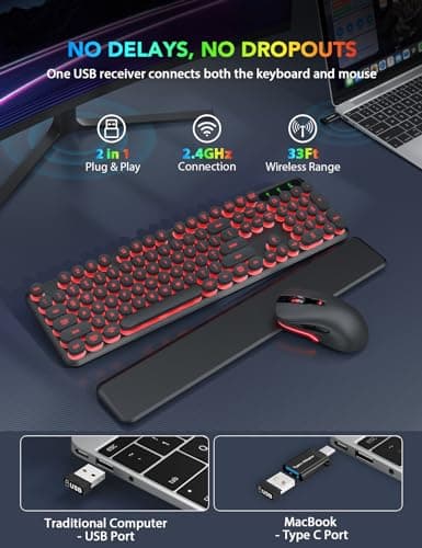 Wireless Keyboard and Mouse Backlit - Typewriter Keyboard with Detachable Wrist Rest, Retro Round Keycaps, Light Up Letters, 2.4G Cordless Combo for Mac, Windows, PC, Laptop, Trueque [2024 Upgraded]