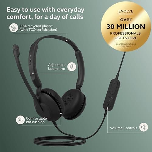 Jabra Evolve 10 Wired Headset with Noise-Cancelling Microphone for PC/Laptop Use, Easy USB-A Setup, TCO Certified, Lightweight Design, Inline Call/Volume Controls for Online Meetings, Black