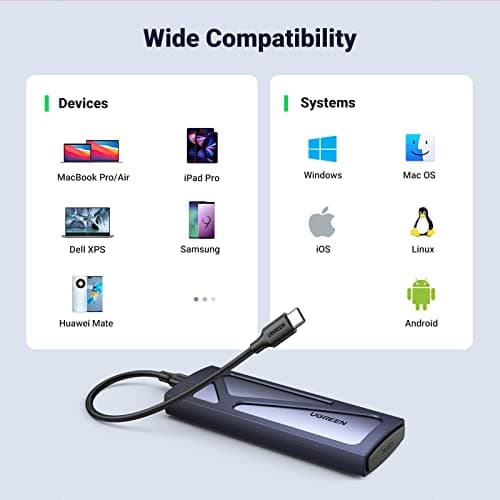 UGREEN SSD Enclosure, Tool-Free USB C External, 10Gbps M.2 NVMe to USB Adapter/Reader Supports M and B&M Keys and Size 2230/2242 /2260/2280 SSDs