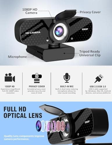 Full HD 1080P Webcam with Built-in Mic Wide Angle & Auto Focus Privacy Cover for PC/Laptop Plug & Play USB Camera Black