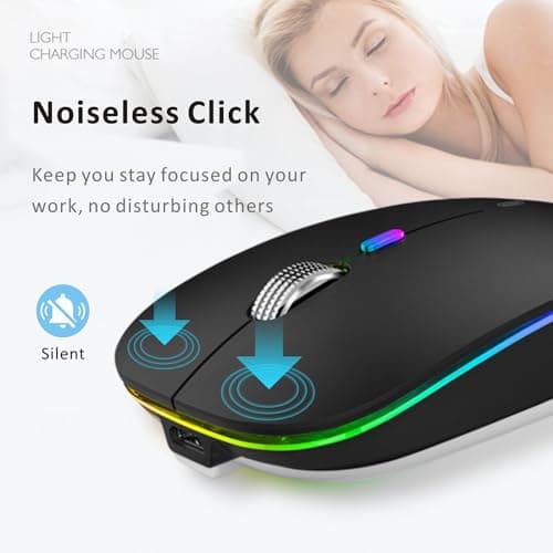 Uiosmuph LED Wireless Mouse, G12 Slim Rechargeable Silent Mouse, 2.4G Portable USB Optical Computer Mice with USB Receiver and Type C Adapter (Matte Black)
