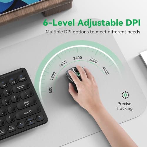 Bluetooth Mouse (BT5.0/3.0 & 2.4G) Rechargeable Wireless Mouse, 4800 DPI Optical Tracking, 6 Adjustable DPI, 2.4GHz with USB A Receiver, Quiet Clicks, Ergonomic Grips, 6 Buttons - Grey