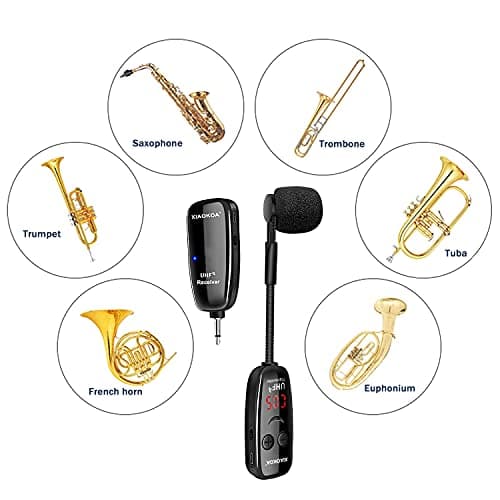 XIAOKOA UHF Wireless Instruments Microphone,Saxophone Microphone,Wireless Receiver and Transmitter,164ft Range,Plug and Play,Great for Trumpets, Clarinet, Cello