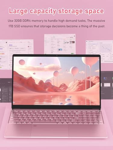 32GB RAM 1TB SSD Pink Laptops Computer, N150 up to 3.60GHz, 15.6" FHD Display, 8000mAh Battery, Backlit Keyboard, Fingerprint, Win11 Pro for School, Zoom, Streaming, and Travel 2 Year Warranty