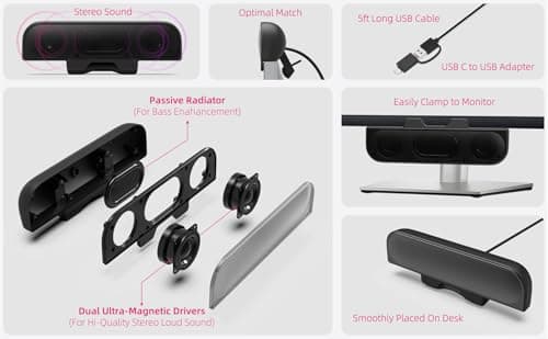 Computer Speakers for Desktop PC, Monitor Speakers, USB Plug-in, Wired, External Speaker for Laptop, Small Computer Soundbar for PC, with Loud Sound, Deep Bass, USB-C Adapter, Easily Clamp to Monitor