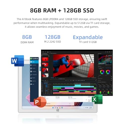 2-in-1 Detachable Touch Screen Laptop, 8GB DDR4 RAM, 128GB SSD, 10.1" Win 11 Tablet with Keyboard, Pentium N5030 (Up to 3.1GHz), Dual-Band WiFi, Bluetooth, USB 3.0, Dual Camera, White