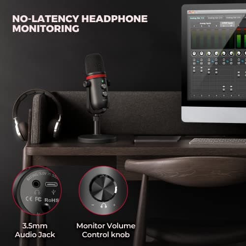 USB Microphone, Computer Condenser Gaming Mic for PC/Laptop/PS4/5, Headphone Output, Volume Control, USB Type C Plug and Play, LED Mute Button, for Streaming, Podcast, Studio Recording