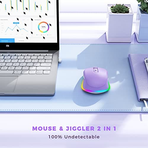 Wireless Mouse Jiggler - LED Wireless Mice with Build-in Mouse Mover, Rechargeable Moving Mouse for Laptop with Undetectable Random Movement Keeps Computers Awake - Purple