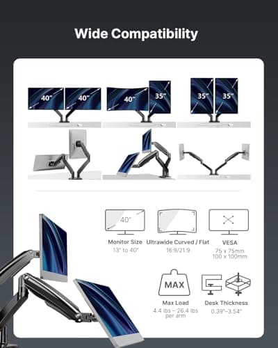 HUANUO Dual Monitor Stand for 13 to 40 inch, Premium Dual Monitor Mount with USB, Height Adjustable Monitor Stand for 2 Monitors, VESA Mount with Clamp/Grommet Base, Each Arm Hold up to 26.4lbs, Black