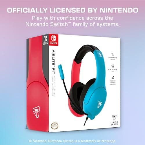Turtle Beach Airlite Fit Wired Gaming Headset: Officially Licensed for Nintendo Switch, Nintendo Switch Lite & OLED Model - Flip-to-Mute Mic, Over-Ear Comfort Cushions, 40mm Speakers - Neon Blue & Red