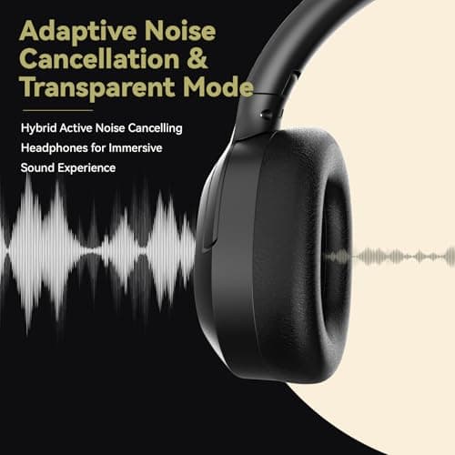 Hybrid Active Noise Cancelling Headphones, Wireless Over Ear Bluetooth Headphones with Mic, 40H Playtime, Hi-Res Audio, Deep Bass, Foldable Comfort Fit Ear Cups for Travel, Office, Home (Black)