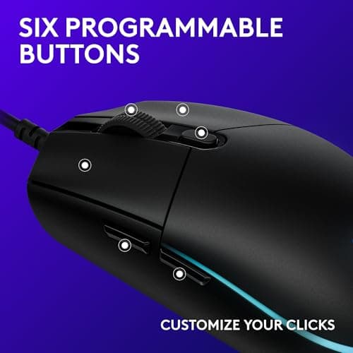 Logitech G203 Wired Gaming Mouse, 8,000 DPI, Rainbow Optical Effect LIGHTSYNC RGB, 6 Programmable Buttons, On-Board Memory, Screen Mapping, PC/Mac Computer and Laptop Compatible - Black
