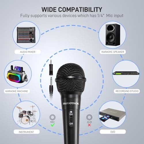 SUDOTACK Karaoke Microphone Wired Handheld: Dynamic Vocal Mic for PA System Speakers AMP with 9.84ft Cable and ON/Off Switch 1/4” Plug for Public Speaking