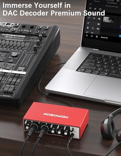 HOSONGIN 2i2 USB Audio Interface for Beginners - 24Bit/192kHz, 48V Phantom Power, Plug & Play Recording for Podcast/Vocals/Guitar/Youtube, PC/Mac/iOS Compatible (Red Metal)