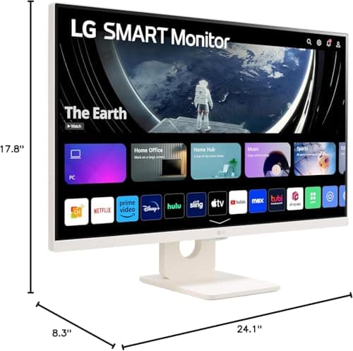 LG 27 MyView Smart Monitor, FHD IPS, 5ms, 60hz, WebOS 23, Built-in Speakers, ThinQ Home Dashboard, AirPlay 2, Screen Share, Bluetooth, HDR10, Flicker Safe, Reader Mode, White, with 5ave HDMI