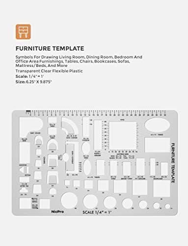 Nicpro Architectural Drafting Tools, 3 PCS Templates for House Plan Furniture Kitchen, Building, Interior Design CAD Drawing, Geometry Measuring Template Ruler Supplies