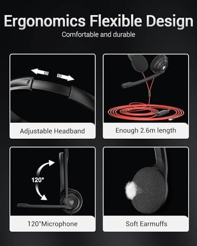 NUBWO HW02 USB Computer Headset with Clear Chat Microphone, Lightweight On-Ear Wired Headset for MS Teams, Skype, Webinars, Call Center and More (Black)