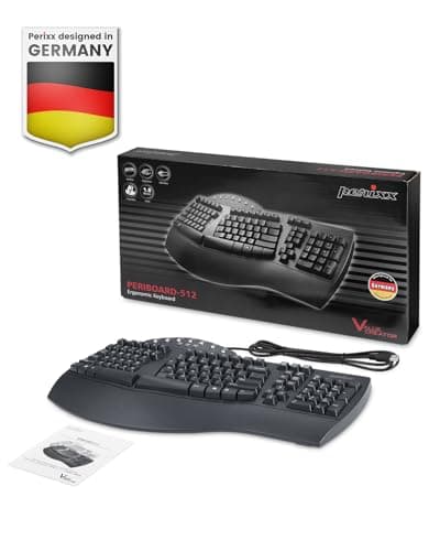 Perixx PERIBOARD-512B Wired Ergonomic USB Keyboard - Bulky 19.1x9.3x2 inches Split Design - Black - NDAA Compliant - US English