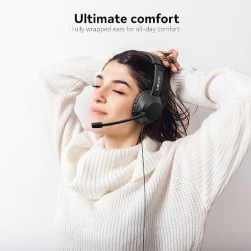 LEVN Headset with Mic, USB Headset with Microphone for PC, Headphones with Mic for Pc with Noise Canceling Microphone for Laptop, USB Headphones for Work from Home/Call Center/Open Office, Black