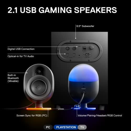 SteelSeries Arena 7 RGB Illuminated 2.1 Gaming Speakers with Powerful Bass, Subwoofer, and Bluetooth - Compatible with PC, PlayStation, Mobile - Black (Renewed)