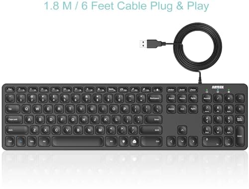 Arteck Backlit USB Wired Full Size Keyboard with Media Hotkey for PC and Laptop