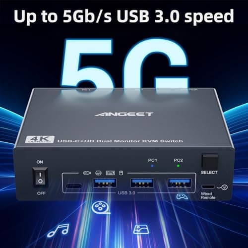Dual Monitor KVM Switch for Laptop & Desktop 4K@60Hz, USB C and HDMI KVM Switch 2 Monitors 2 Computers with 4 USB 3.0 Port for Keyboard Mouse, 80W PD Charging, with Wired Remote and USB C Cable